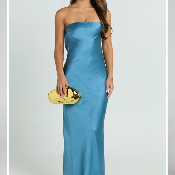 Showpo Strapless Satin Dress in Blue - Picture 4 of 4